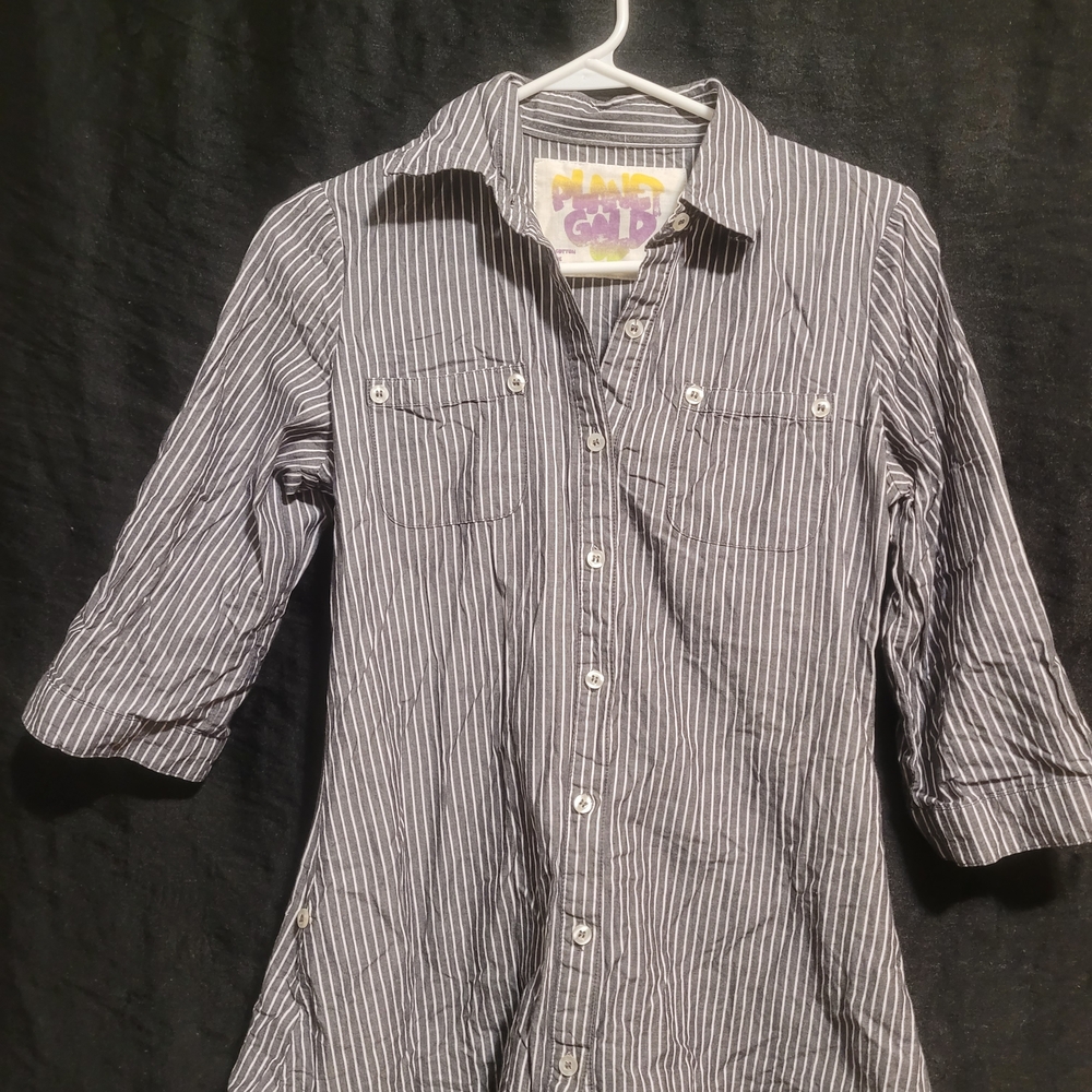 Planet Gold Women's Striped Button Down Shirt - Black and White
